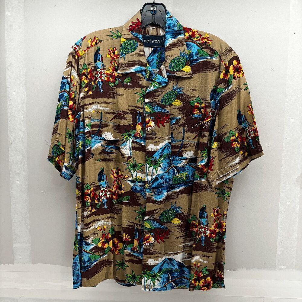 Hawaiian Shirt Vintage Network Rayon Aloha Surf Beach Pool Luau Tiki Party M EUC